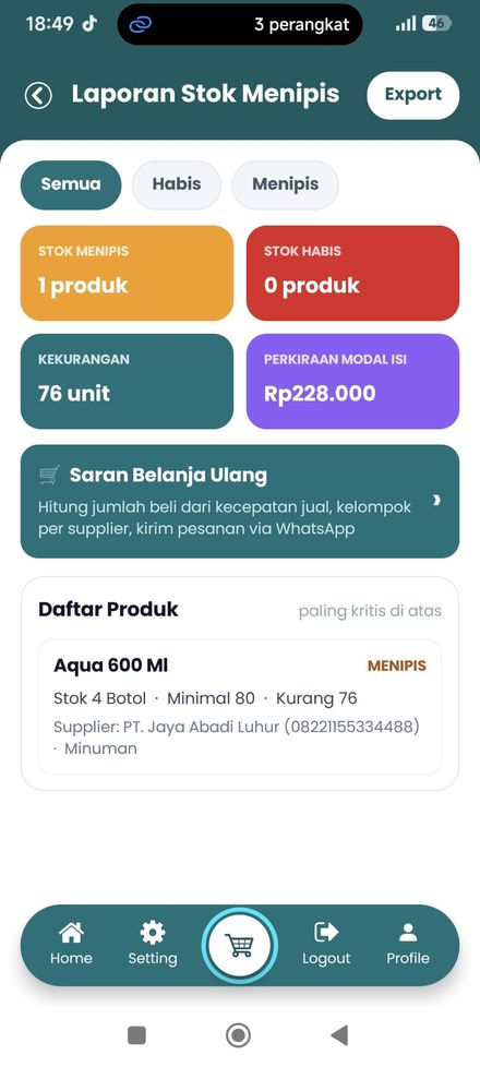 Layar stok menipis MikhaPOS