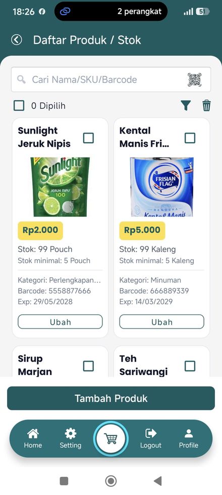 Layar daftar produk dan stok MikhaPOS